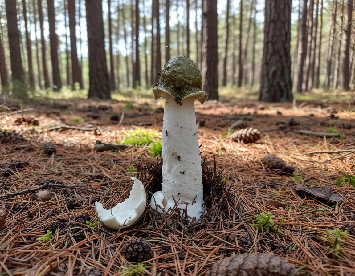 Common stinkhorn (Phallus impudicus) emerging from woodland floor near Dunsyre